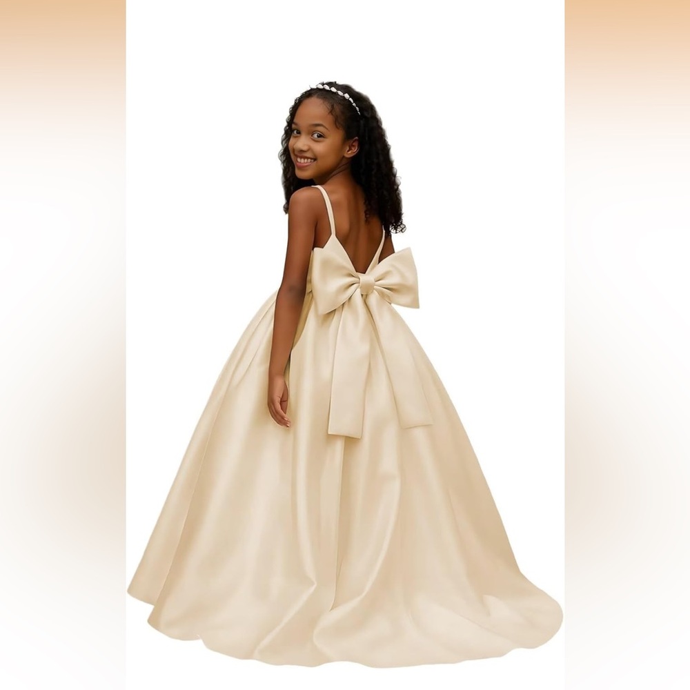 Gold/ cream Satin Kids Dress with Bow, flower girl dress. - C